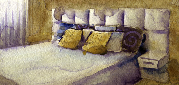 水彩素描的现代卧室在白色的背景图片下载