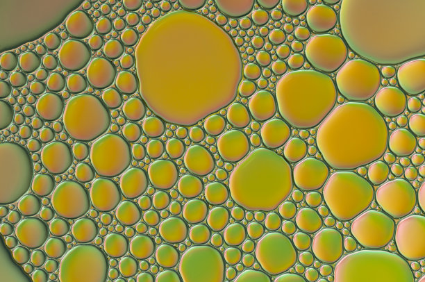 橙色的油滴和气泡在水面上图片下载