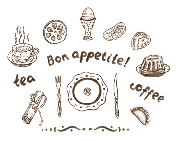 食物插图在复古风格的白色背景图片下载