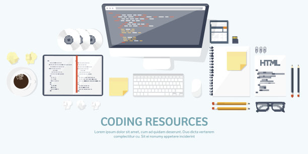 编程,编写代码。平面计算背景。代码,硬件、软件。Web开发图片下载