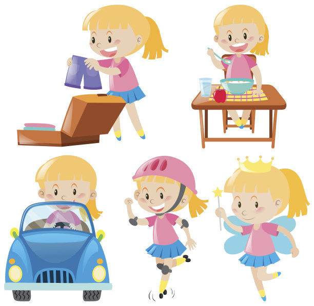 穿粉红色衣服的女孩在做不同的活动图片下载