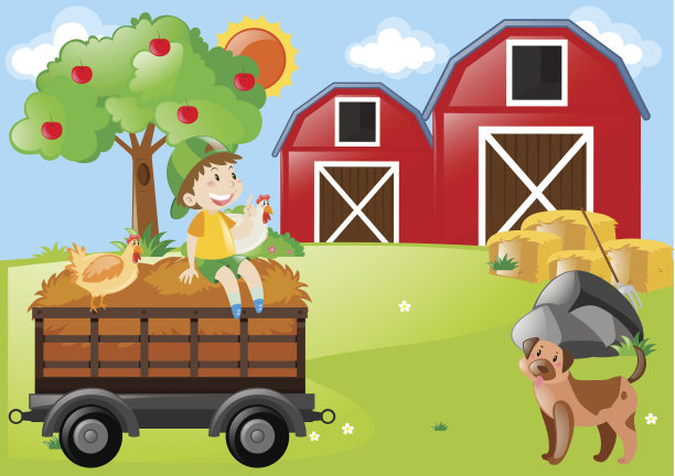 男孩和农场的动物在田野里图片下载