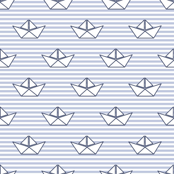 无缝夏季模式与白色纸船上的蓝色条纹图片下载