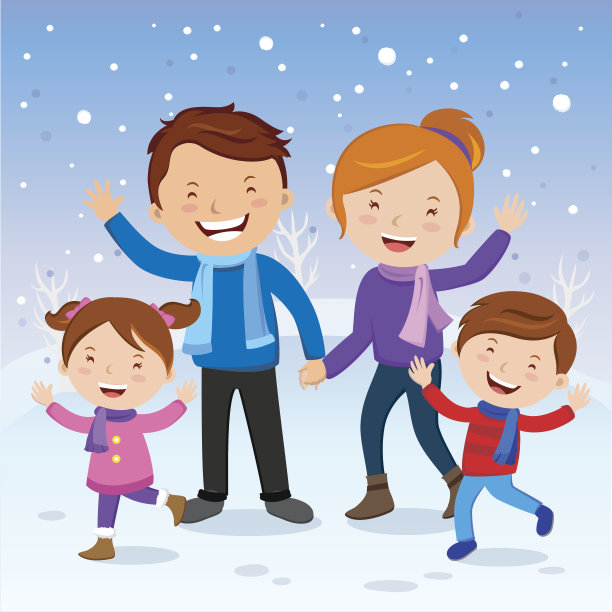 冬天的乐趣。雪中欢乐的一家人。图片下载