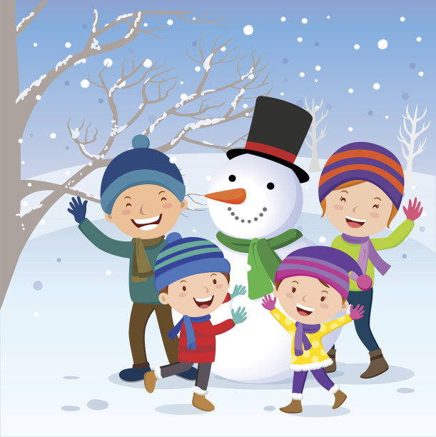 冬天的乐趣。雪中欢乐的一家人。图片下载