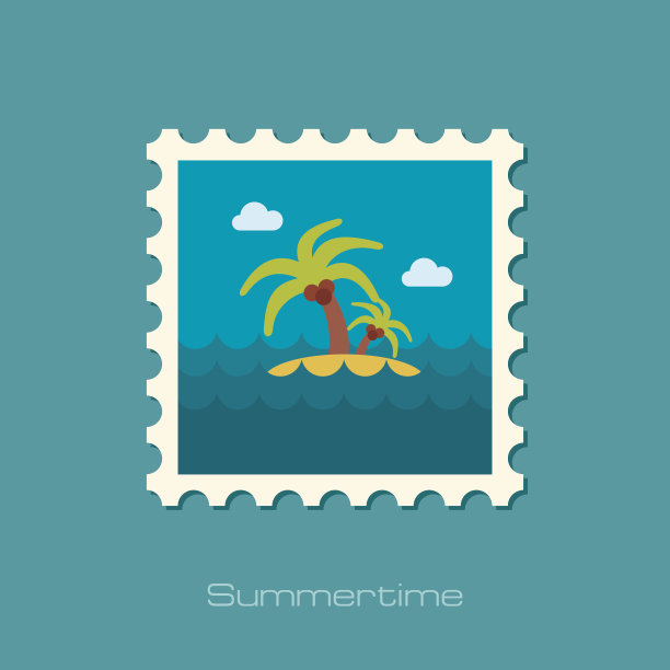 岛上有棕榈树的扁平邮票图片下载