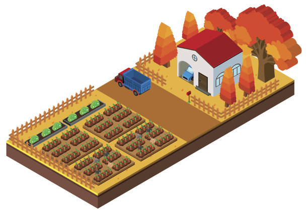 3D设计的农场场景与作物和房子图片下载