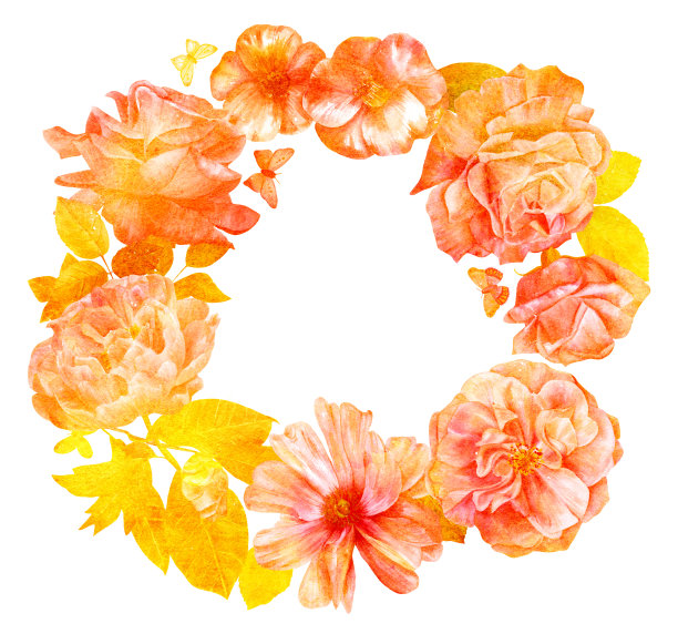 花圈上有金色的水彩花、蝴蝶和勒图片下载