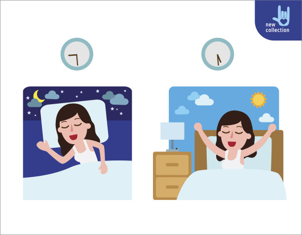 快乐的女人在伸展床上醒来。和睡觉。早安，晚安。人们健康的生活方式观念。矢量平面风格卡通人物设计插图孤立图片下载