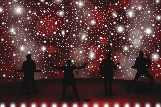 乐队表演概念与红灯和星星。一组剪影的音乐家，歌手和舞者。矢量图图片下载