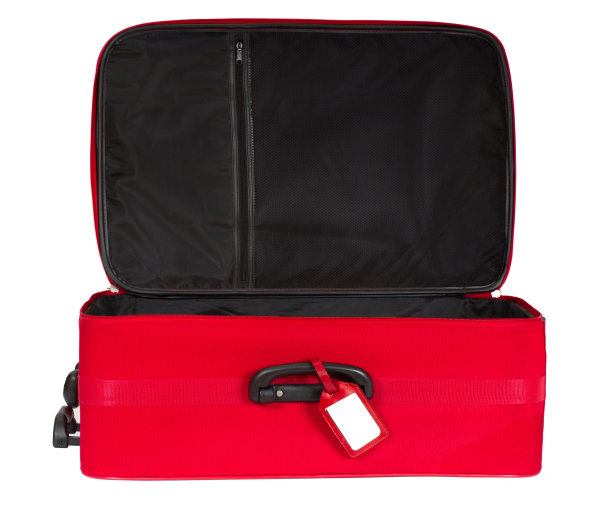 采购产品手提箱，打开的空行李，红色旅行行李袋与标签，白色隔离图片下载