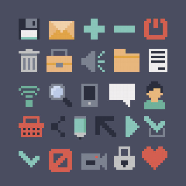 一组矢量图标。像素艺术风格。图片下载