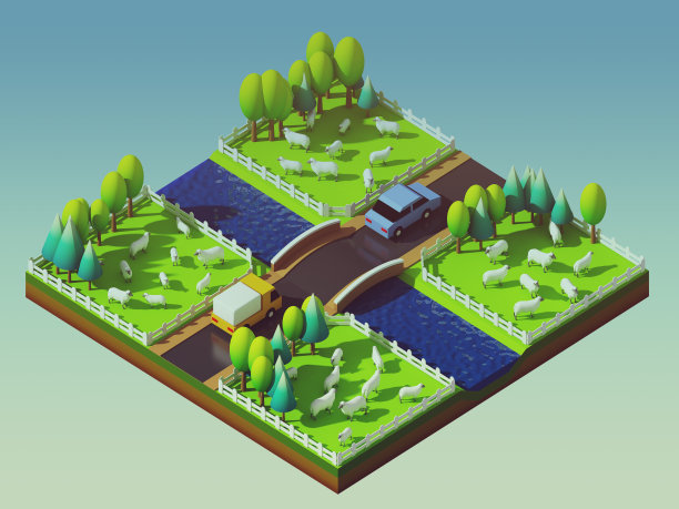 羊在景观中，等距观图片下载