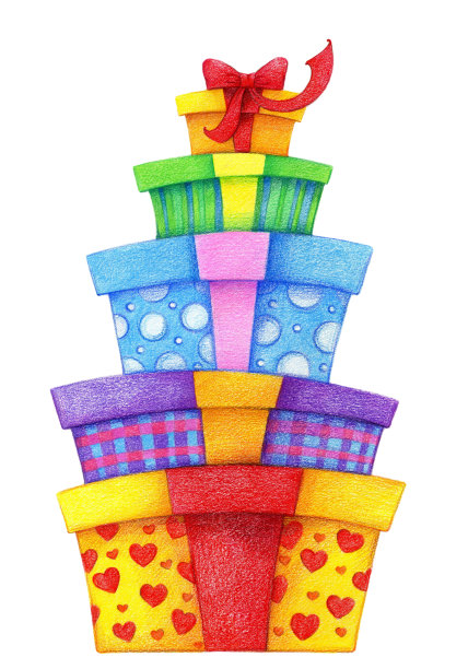 用彩色铅笔手绘出五个装有节日礼物的盒子图片下载