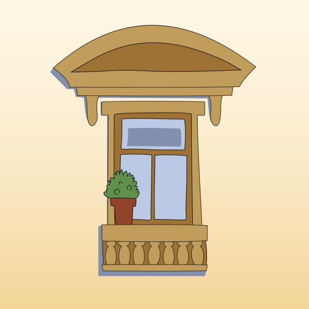 带有植物的复古风格窗户外观，向量图片下载