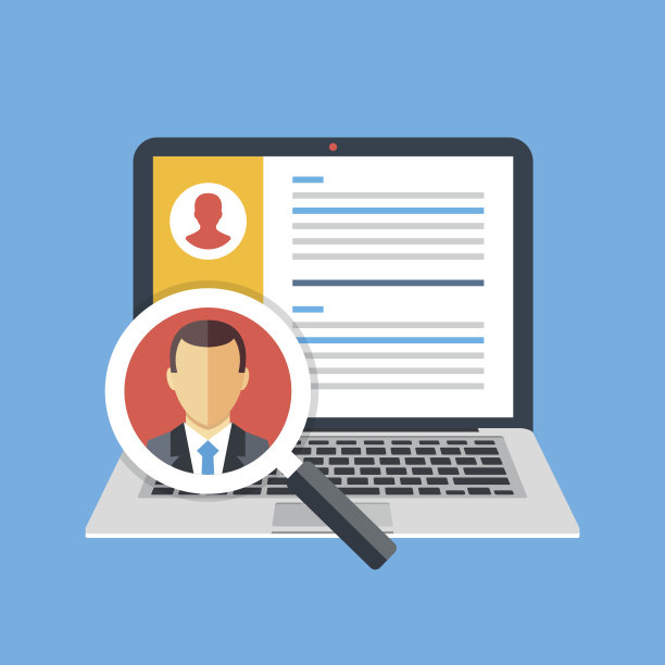 人力资源、人员配置理念。笔记本电脑与候选人名单和放大镜与候选人图标。有创意的图形元素。现代平面设计矢量插图素材图片