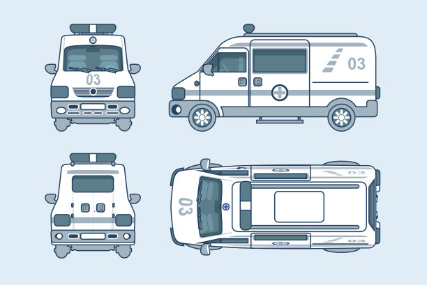 救护车车顶、前、侧、后视线条样式图片下载