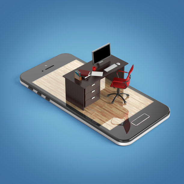 配有显示器键盘、扶手椅和智能手机鼠标的办公桌图片下载