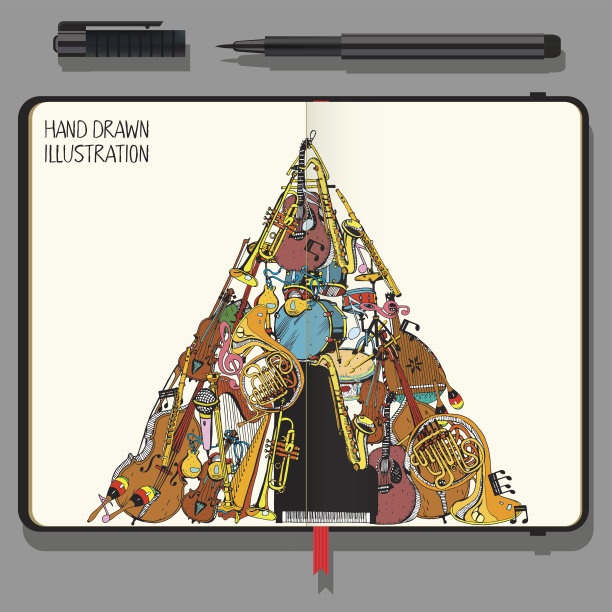 矢量素描簿与阴影和手绘涂鸦。收藏乐器。图片下载