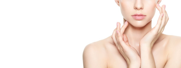 完美皮肤的女人触摸她的脸。孤立在白色的。图片下载