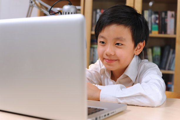 亚洲男孩坐在笔记本电脑前图片下载