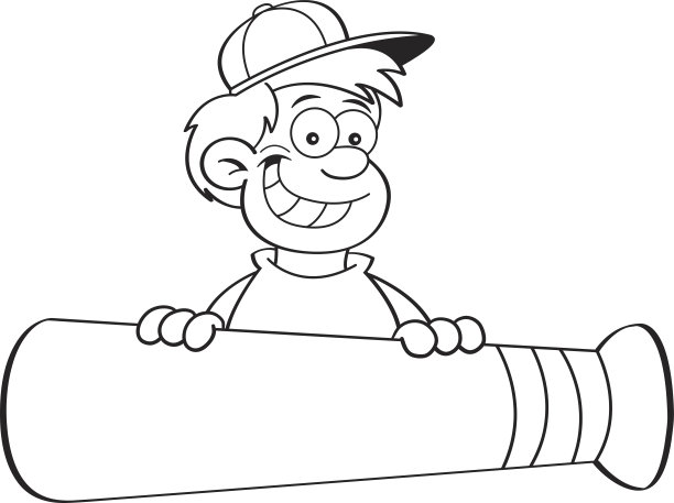 拿着棒球棒横幅的卡通男孩。图片下载