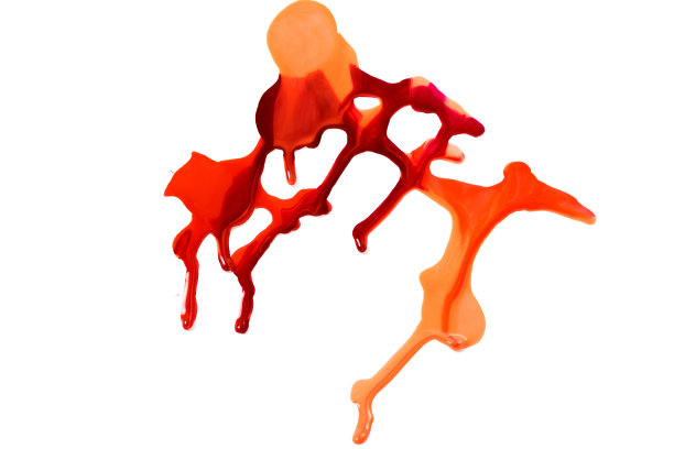 在白色背景上洒上彩色指甲油。红色和黄色的油漆污渍。图片下载