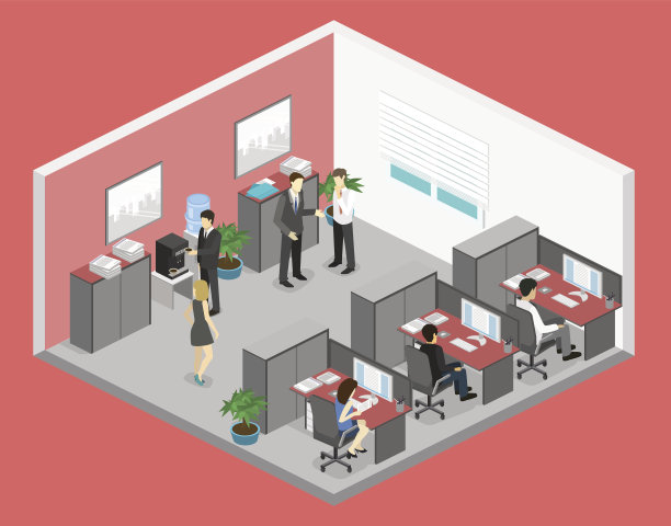 平面三维等距抽象办公室楼层室内部门概念矢量。素材图片