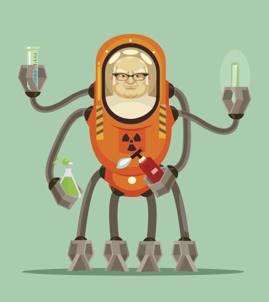 快乐微笑，聪明疯狂的科学家，机器人半机械人字符拿着瓶子与液体在他的铁手图片下载