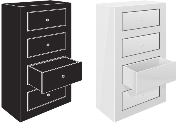 内阁办公室抽屉里。黑色剪影和3d插图图片下载