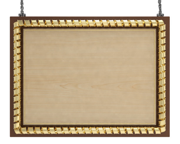 空白木框和边框饰以金丝带挂链。三维演示图片下载