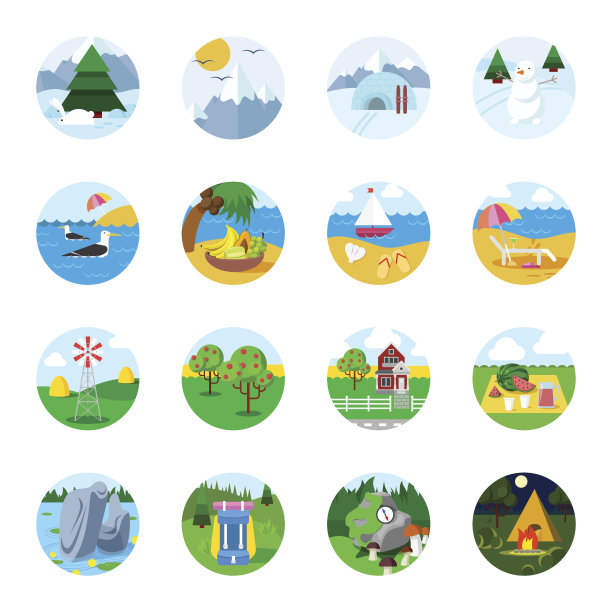 平面时尚详细景观旅游季节旅游图标集。冬季高山森林夏季海滩秋收乡村徒步帐篷。自然集合。图片下载
