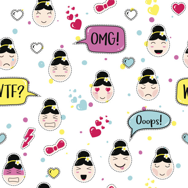亚洲风格无缝图案与动漫表情女孩图片下载