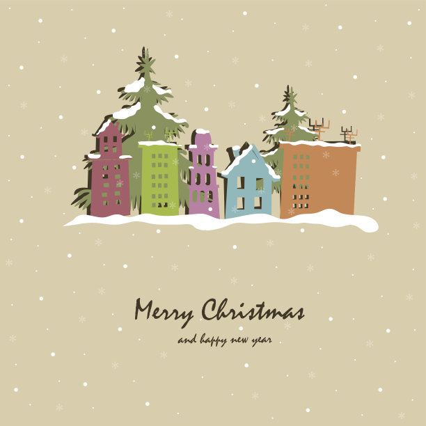 圣诞贺卡上的建筑和树木被白雪覆盖图片下载
