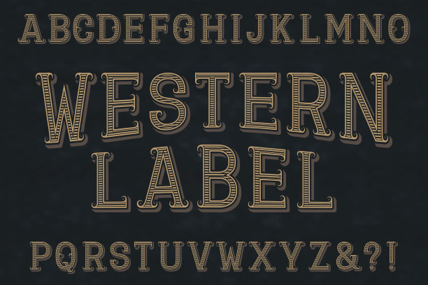 西方的标签字体。孤立的英文字母。素材图片