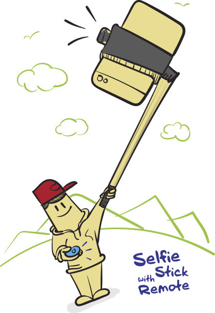男孩用自拍棒和点击遥控器拍摄图片下载