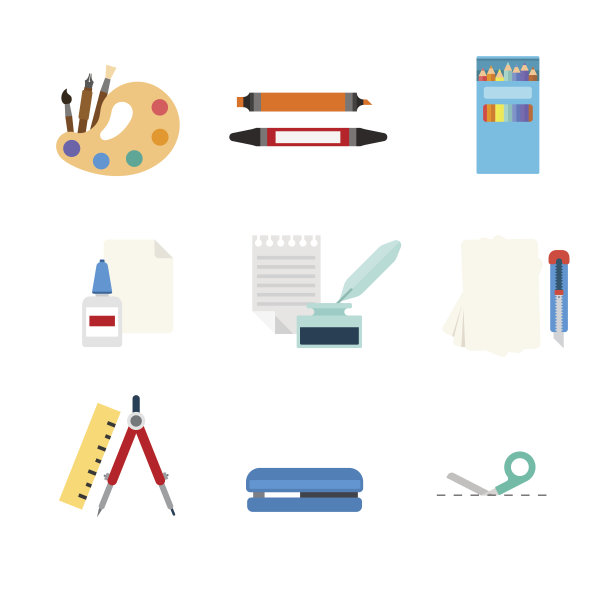 平面风格现代文具工具web应用程序概念图标集。艺术颜料调色板，记号笔，铅笔，纸，胶水，墨水，羽毛笔，切割机，刀，圆规，分配器，订书机，切割线。网站图标集合。图片下载