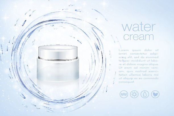 水霜化妆品广告，保湿面部护肤模拟模板圣诞季节性销售。绿松石面膜瓶隔离闪光颗粒与水飞溅。3 d演示。图片下载