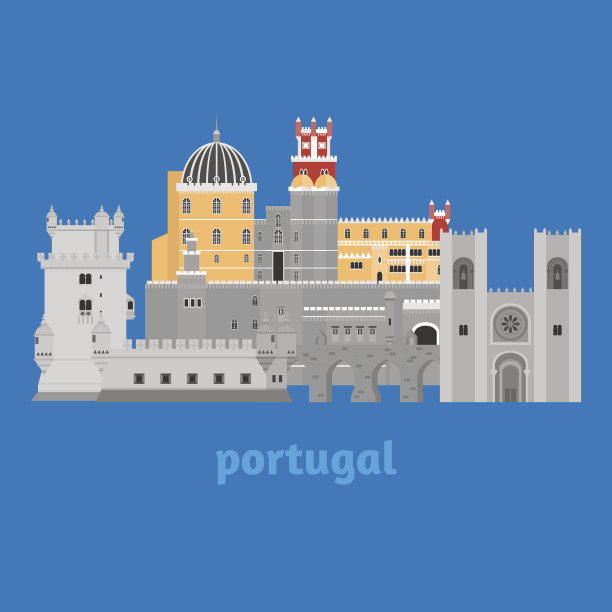 旅游地标葡萄牙元素。平坦的建筑和建筑图标贝伦塔，辛特拉城堡佩纳宫殿，自由水道的名字Aguas libre和里斯本大教堂。葡萄牙国家的象征。图片下载
