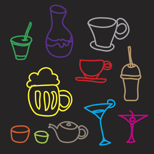 彩色饮料和饮料图标设置在黑色背景图片下载