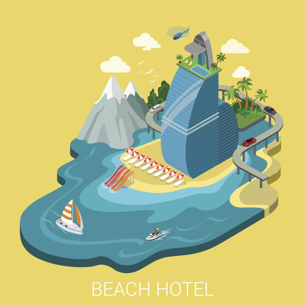 平面3d等距创意海滩酒店web信息图表旅游度假概念。豪华五星级度假岛屿山道游艇、水上自行车、水上摩托。有创造力的人集合。图片下载