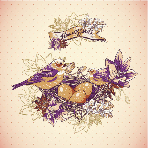 复古花卉背景与鸟类和鸟巢图片下载