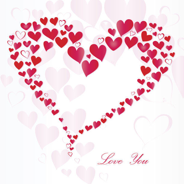 许多粉色心形心形和爱你的文本在白色的背景，粉色的阴影，正方形图片下载