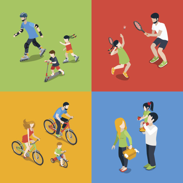 平面3d等距高品质家庭户外运动玩育儿时间图标设置。妈妈，女儿，儿子，爸爸滑冰，网球，自行车，野餐。建立你自己的世界网络信息图表收集。图片下载