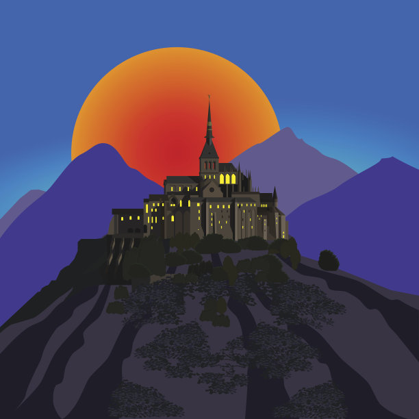 日落时山上的古堡图片下载