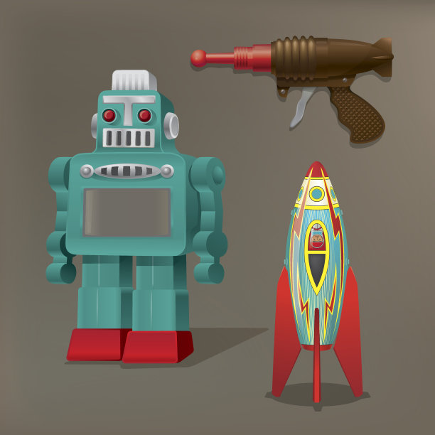 怀旧玩具:机器人、飞船、激光枪图片下载