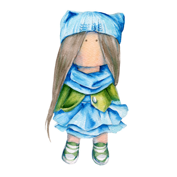 室内的娃娃女孩穿着衣服。水彩插图图片下载