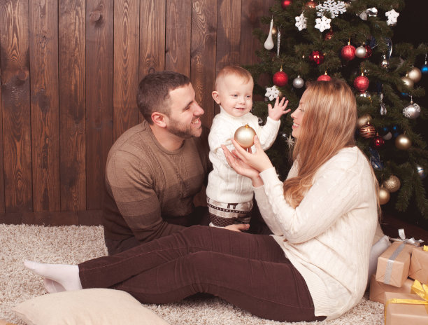 年轻的家庭装饰圣诞树图片下载