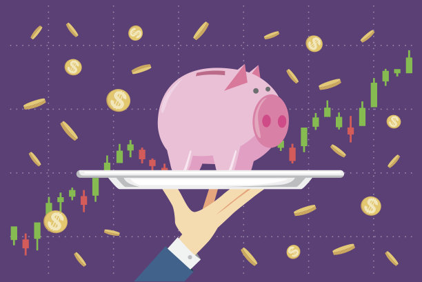 在股票图表的背景上，持有银托盘中的存钱罐。素材图片