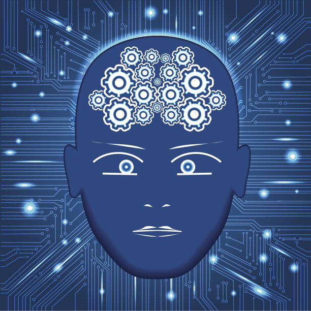 头部，齿轮的形式的大脑，电路板的背景图片下载